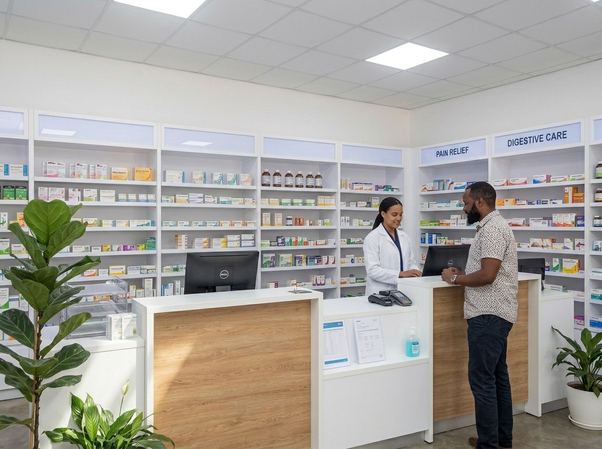 Thickton Pharmacy pharmacist organizing shelf